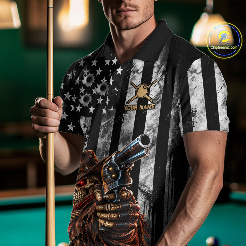 Gun Cowboy Skeleton 8 Ball Pool Billiard Shirt For Men Retro Billiards 1/4-Zip Polo Jersey NYN4753
