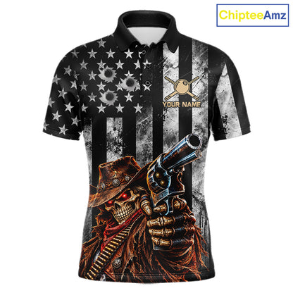 Gun Cowboy Skeleton 8 Ball Pool Billiard Shirt For Men Retro Billiards 1/4-Zip Polo Jersey NYN4753