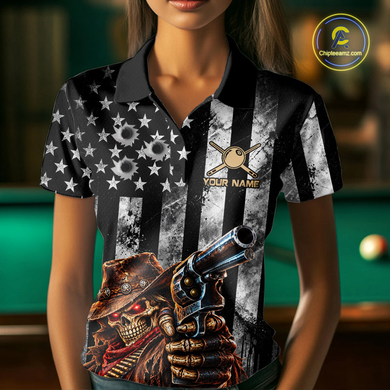 Gun Cowboy Skeleton 8 Ball Pool Billiard Shirt For Women Retro Billiards 1/4-Zip Polo Jersey NYN4753