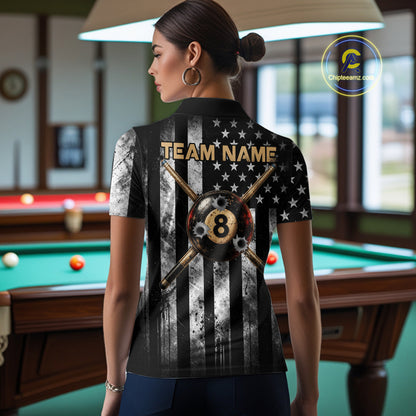 Gun Cowboy Skeleton 8 Ball Pool Billiard Shirt For Women Retro Billiards 1/4-Zip Polo Jersey NYN4753