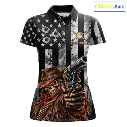 Gun Cowboy Skeleton 8 Ball Pool Billiard Shirt For Women Retro Billiards 1/4-Zip Polo Jersey NYN4753