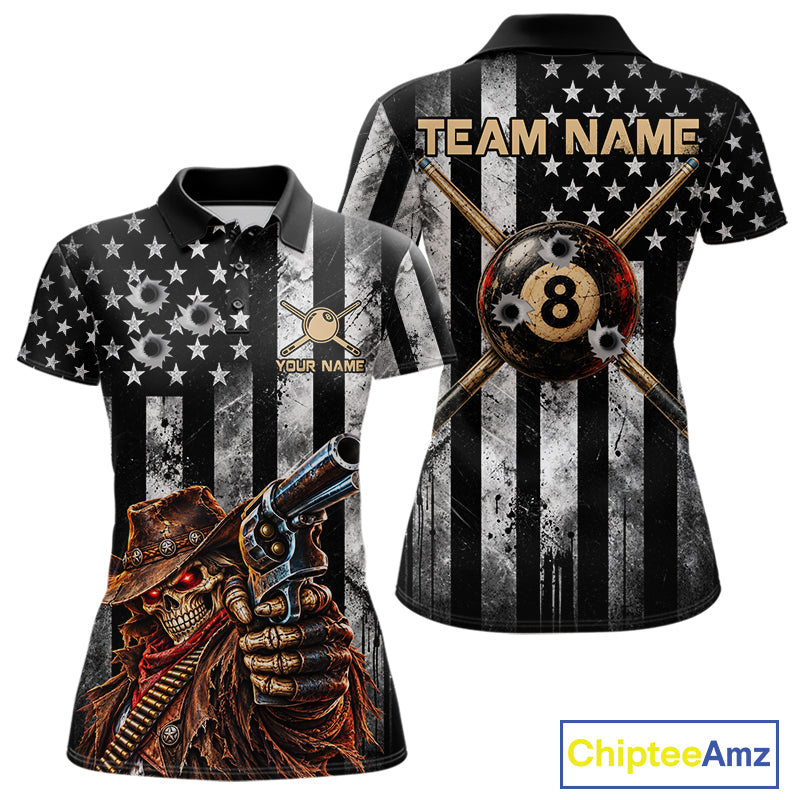 Gun Cowboy Skeleton 8 Ball Pool Billiard Shirt For Women Retro Billiards 1/4-Zip Polo Jersey NYN4753
