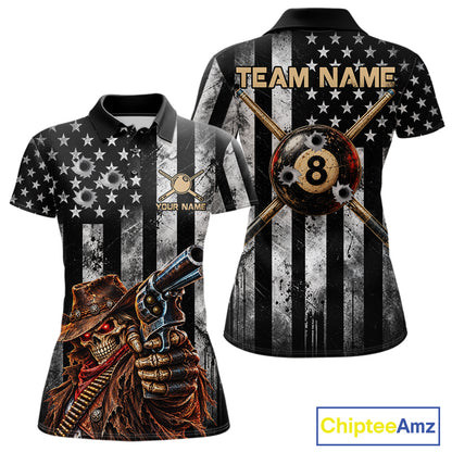 Gun Cowboy Skeleton 8 Ball Pool Billiard Shirt For Women Retro Billiards 1/4-Zip Polo Jersey NYN4753
