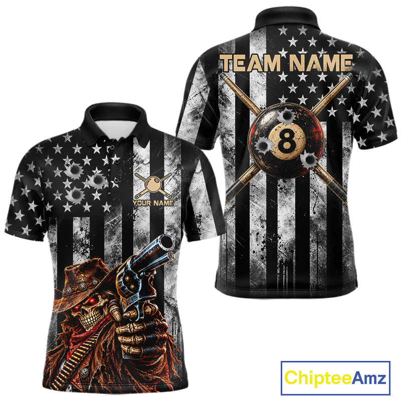 Gun Cowboy Skeleton 8 Ball Pool Billiard Shirt For Men Retro Billiards 1/4-Zip Polo Jersey NYN4753