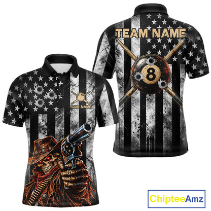 Gun Cowboy Skeleton 8 Ball Pool Billiard Shirt For Men Retro Billiards 1/4-Zip Polo Jersey NYN4753
