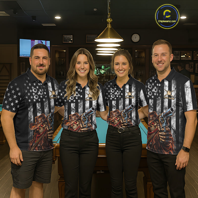 Gun Cowboy Skeleton 8 Ball Pool Billiard Shirt For Men Retro Billiards 1/4-Zip Polo Jersey NYN4753