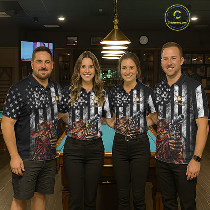 Gun Cowboy Skeleton 8 Ball Pool Billiard Shirt For Men Retro Billiards 1/4-Zip Polo Jersey NYN4753
