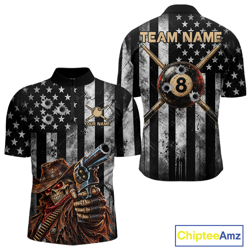 Gun Cowboy Skeleton 8 Ball Pool Billiard Shirt For Men Retro Billiards 1/4-Zip Polo Jersey NYN4753