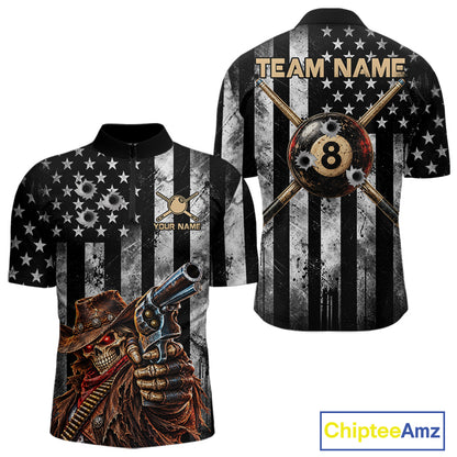 Gun Cowboy Skeleton 8 Ball Pool Billiard Shirt For Men Retro Billiards 1/4-Zip Polo Jersey NYN4753