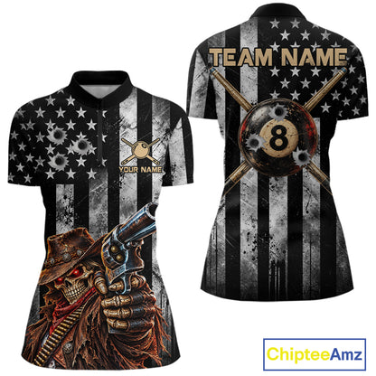 Gun Cowboy Skeleton 8 Ball Pool Billiard Shirt For Women Retro Billiards 1/4-Zip Polo Jersey NYN4753