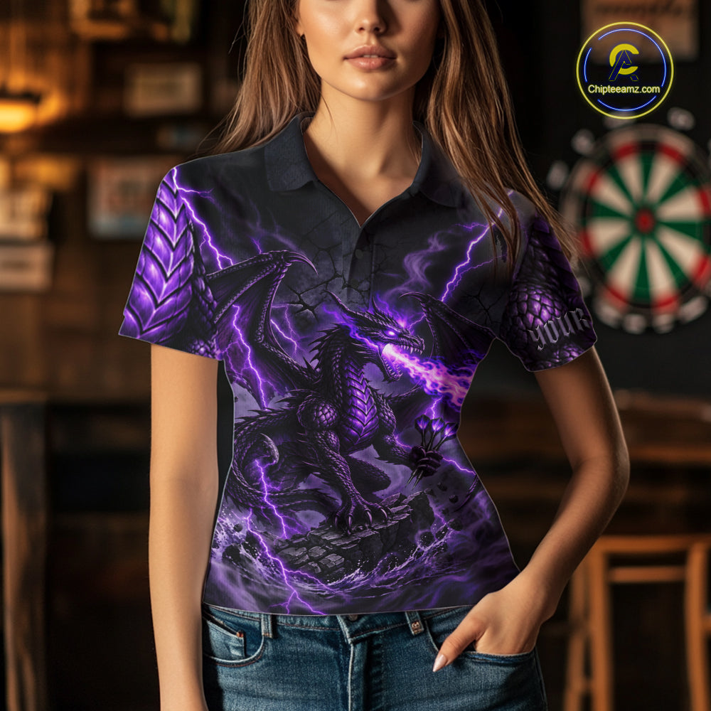 Purple Lightning Thunder Custom Dragon Darts Shirts For Women, Darts League Jersey Polo & 1/4 Zip TDM7816