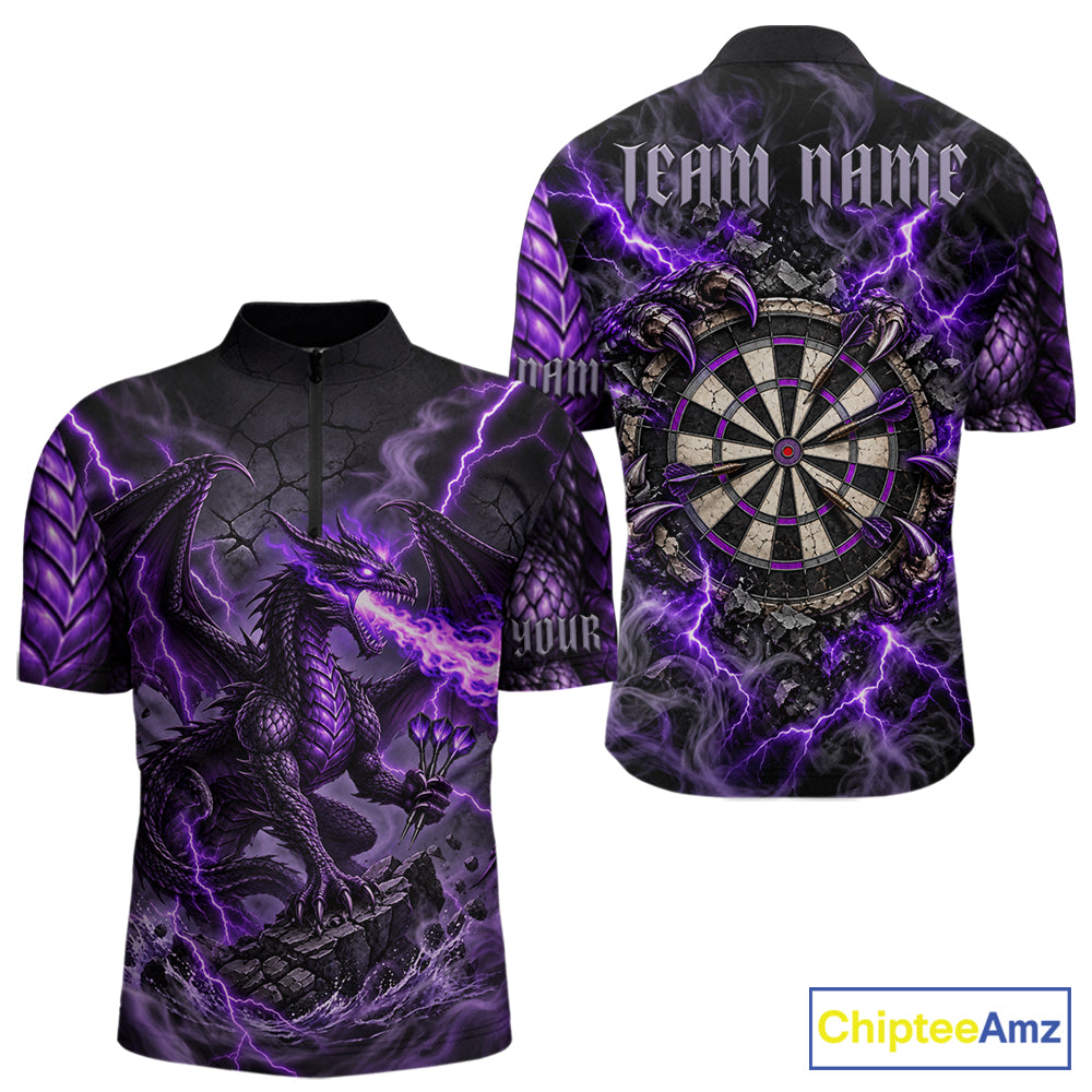 Purple Lightning Thunder Custom Dragon Darts Shirts For Men, Darts League Jersey Polo & 1/4 Zip TDM7816