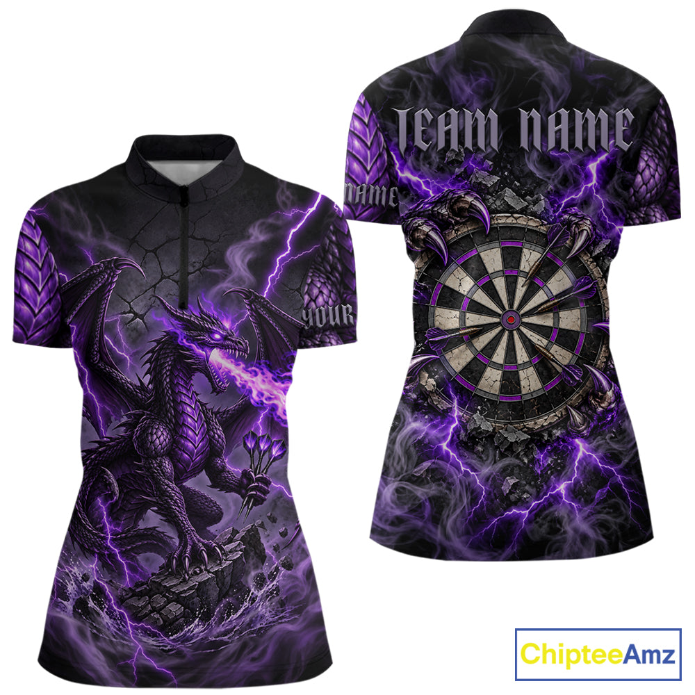 Purple Lightning Thunder Custom Dragon Darts Shirts For Women, Darts League Jersey Polo & 1/4 Zip TDM7816