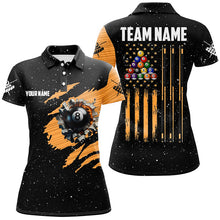 Load image into Gallery viewer, Customized Grunge American Flag 8 Ball Pool Women Billiard Polo Shirts, Pool Player Shirts |Orange TDM3171
