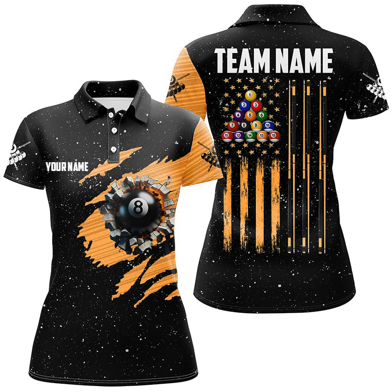 Customized Grunge American Flag 8 Ball Pool Women Billiard Polo Shirts, Pool Player Shirts |Orange TDM3171