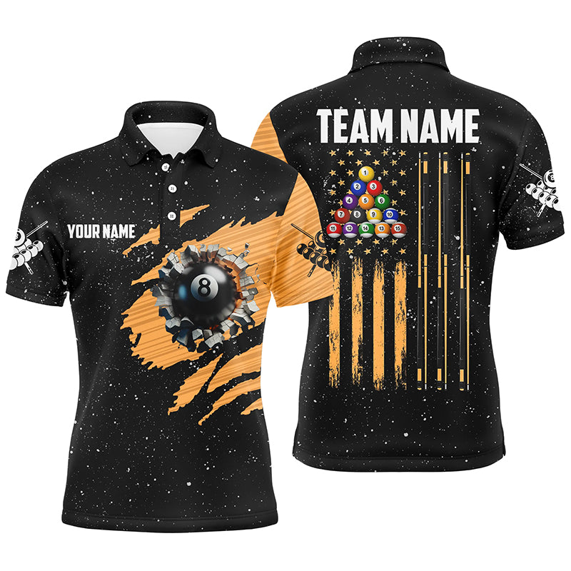 Customized Grunge American Flag 8 Ball Pool Men Billiard Polo Shirts, Pool Player Shirts |Orange TDM3171