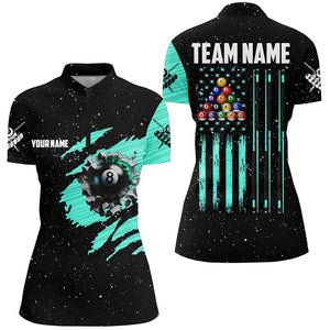 Customized Grunge American Flag 8 Ball Pool Women Billiard Polo Shirts, Pool Player Shirts |Turquoise TDM3172