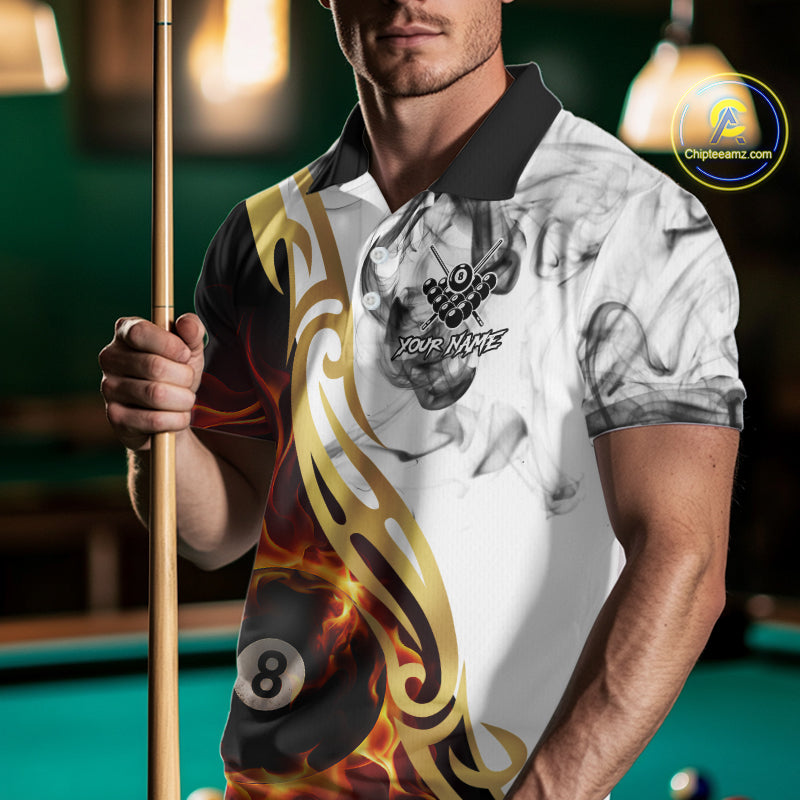 8 Ball Pool Fire Flame Smoke Tribal Billiard Shirt For Men Custom Billiard Team Jersey |White TDM5398