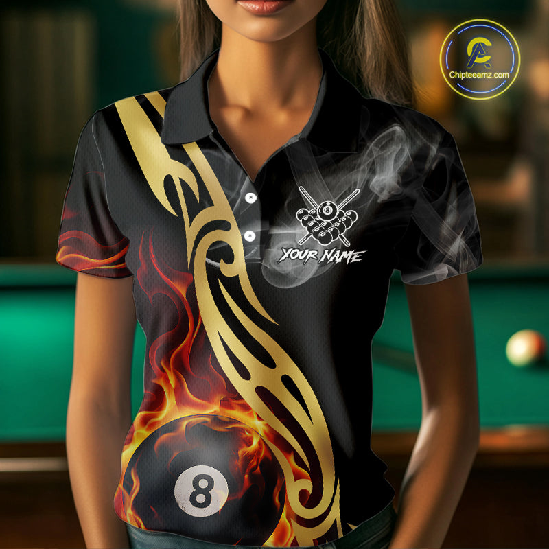 8 Ball Pool Fire Flame Smoke Tribal Billiard Shirt For Women Custom Billiard Team Jersey |Black TDM5399