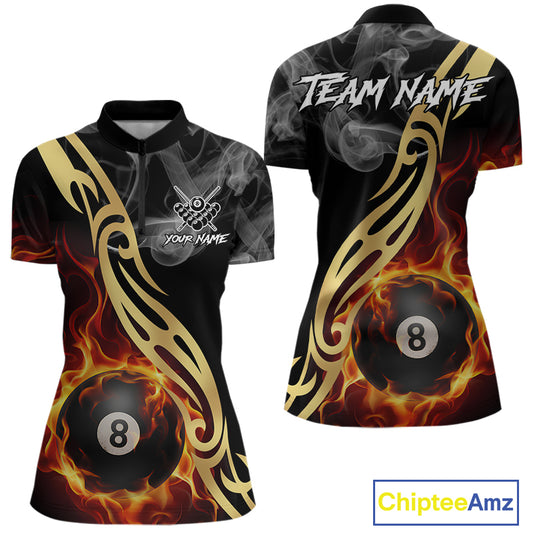 8 Ball Pool Fire Flame Smoke Tribal Billiard Shirt For Women Custom Billiard Team Jersey |Black TDM5399