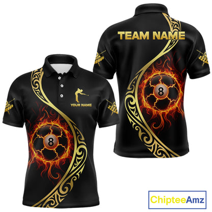 Personalized 8 Ball Fire Gold Tribal Billiard Shirt For Men, Billiard Jersey Team Polo & 1/4 Zip TDM5401