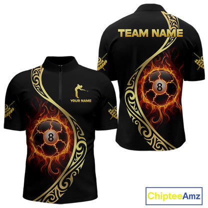 Personalized 8 Ball Fire Gold Tribal Billiard Shirt For Men, Billiard Jersey Team Polo & 1/4 Zip TDM5401