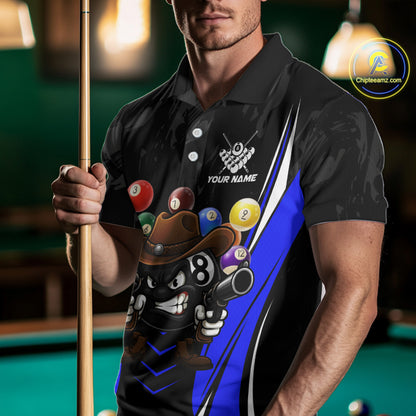 Black And Blue Funny 8 Ball Billiard Shirt For Men Custom Pool Team Shirts, Billiard Jersey Outfit TDM5407
