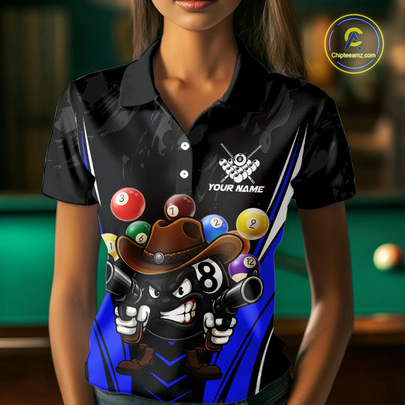 Black And Blue Funny 8 Ball Billiard Shirt For Women Custom Pool Team Shirts, Billiard Jersey Outfit TDM5407