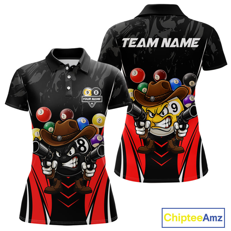 Funny 8 Ball & 9 Ball Billiard Shirt For Women Custom Black And Red Pool Team Shirt, Billiard Jersey TDM5408