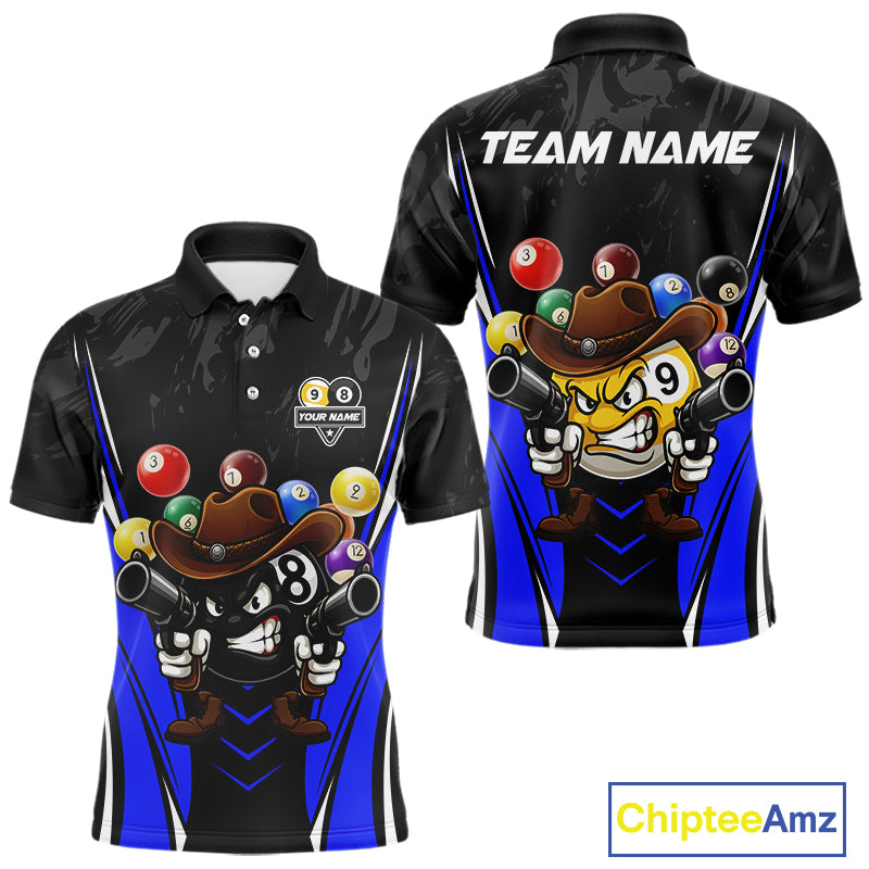 Funny 8 Ball & 9 Ball Billiard Shirt For Men Custom Black And Blue Pool Team Shirt, Billiard Jersey TDM5409