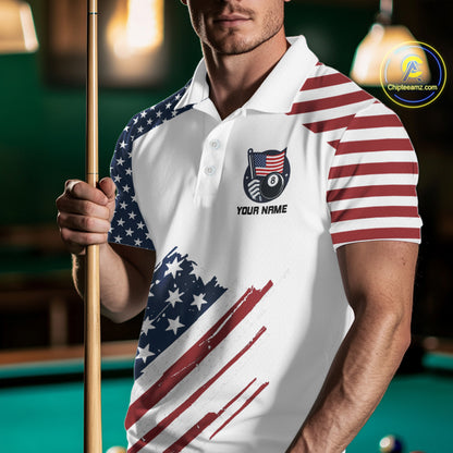 White Grunge American Flag Billiard Shirt For Men Custom Patriotic 8 Ball Pool Team Jersey TDM5687
