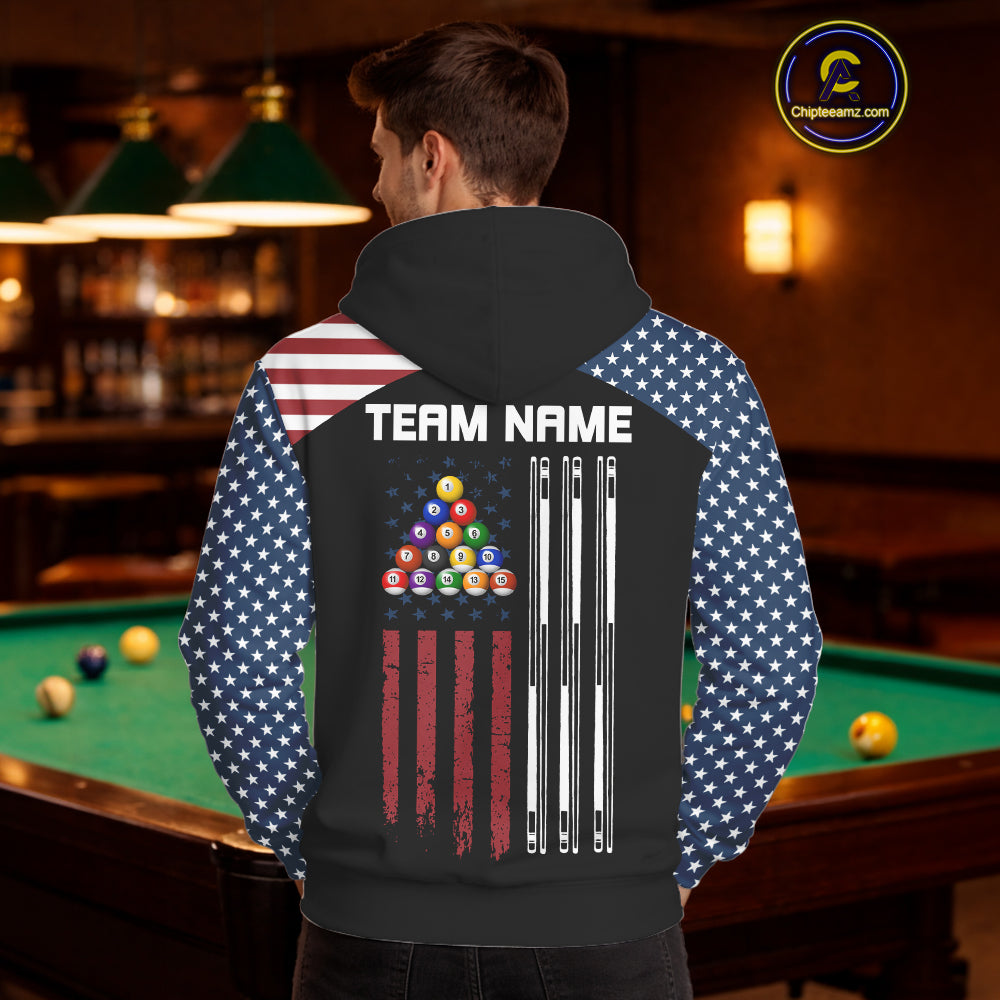 Black Grunge American Flag Billiard Hoodie Custom Patriotic 8 Ball Hoodie Pool Team Jersey TDM5688