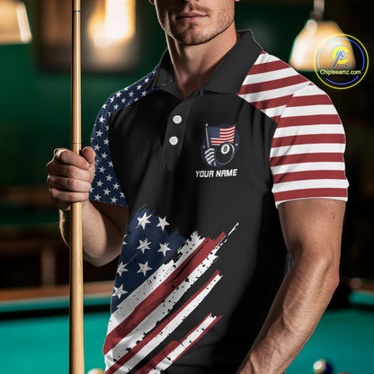 Black Grunge American Flag Billiard Shirt For Men Custom Patriotic 8 Ball Pool Team Jersey TDM5688