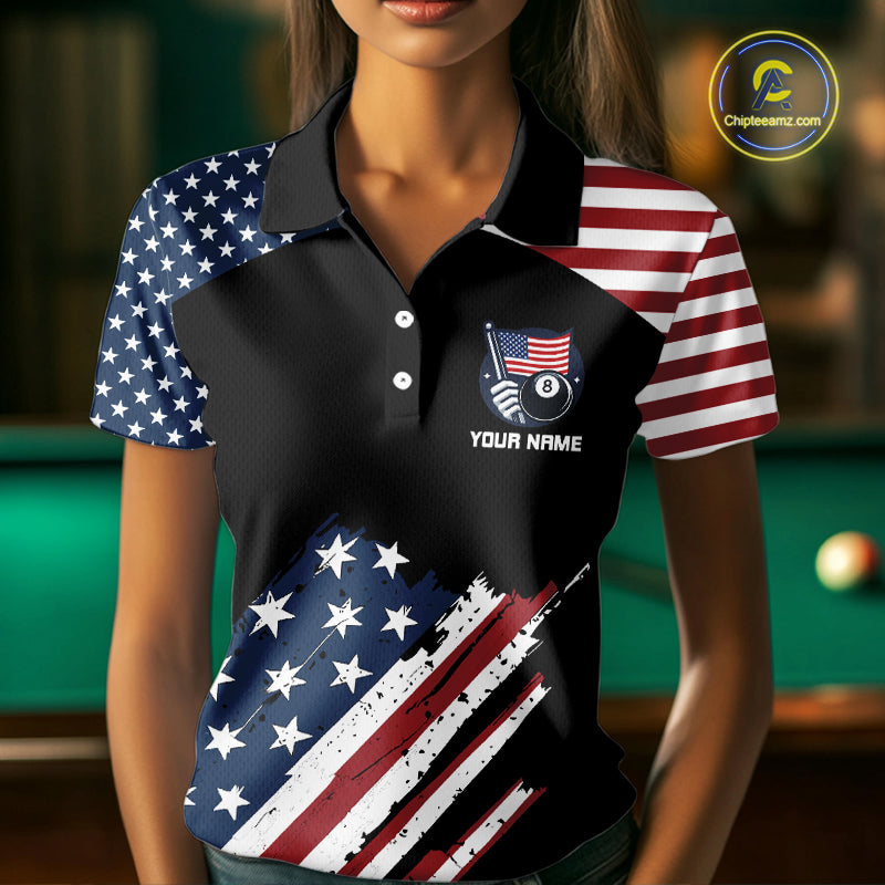 Black Grunge American Flag Billiard Shirt For Women Custom Patriotic 8 Ball Pool Team Jersey TDM5688