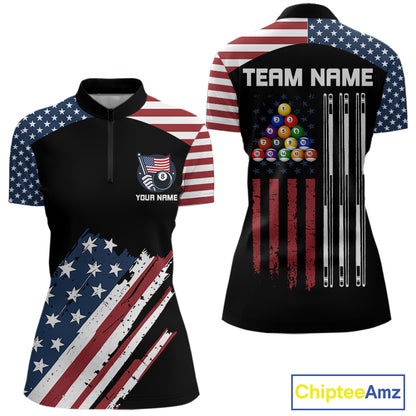 Black Grunge American Flag Billiard Shirt For Women Custom Patriotic 8 Ball Pool Team Jersey TDM5688