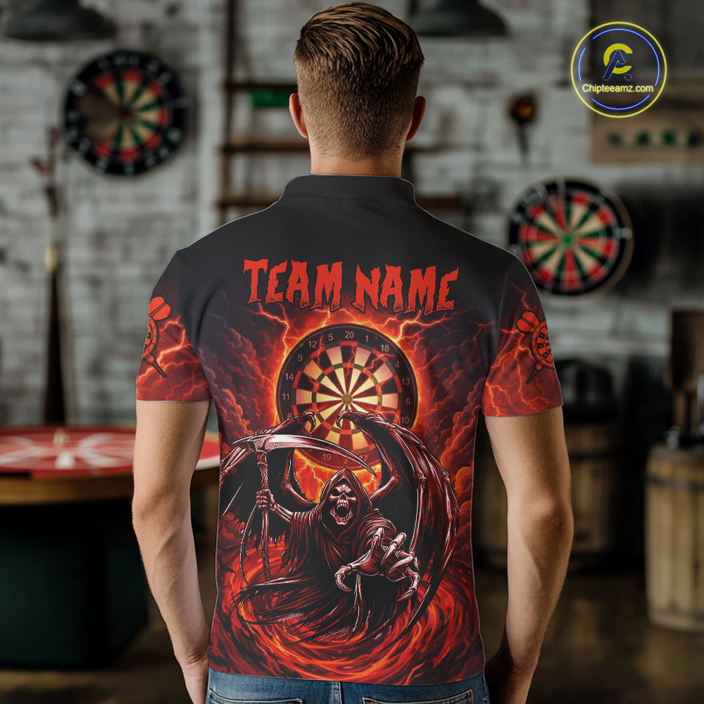 Personalized Red Grim Reaper Lightning Darts Shirt For Men, Darts Team Jersey Polo & 1/4 Zip TDM5896