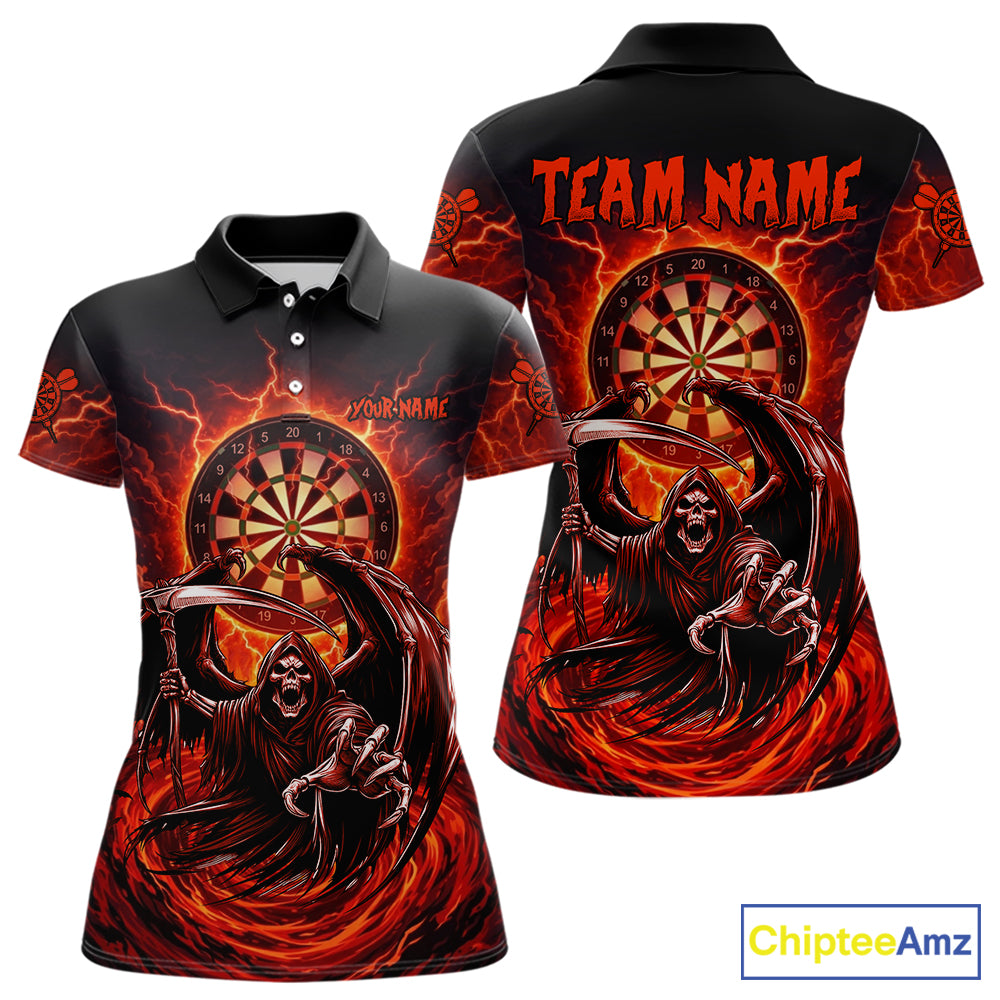 Personalized Red Grim Reaper Lightning Darts Shirt For Women, Darts Team Jersey Polo & 1/4 Zip TDM5896