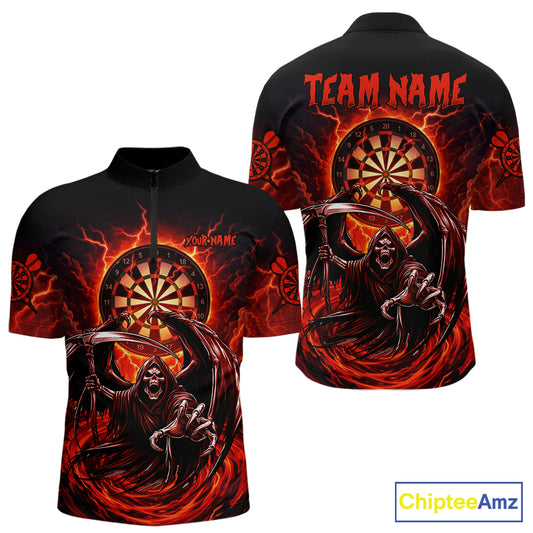 Personalized Red Grim Reaper Lightning Darts Shirt For Men, Darts Team Jersey Polo & 1/4 Zip TDM5896