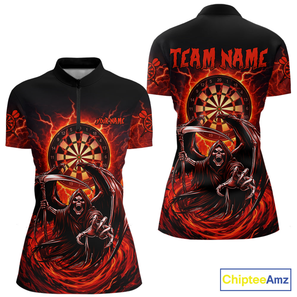 Personalized Red Grim Reaper Lightning Darts Shirt For Women, Darts Team Jersey Polo & 1/4 Zip TDM5896