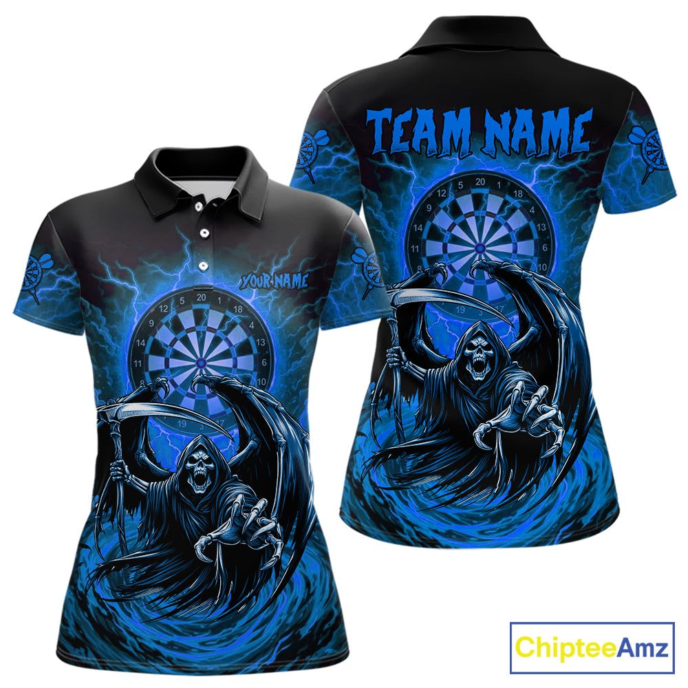 Personalized Blue Grim Reaper Lightning Darts Shirt For Women, Darts Team Jersey Polo & 1/4 Zip TDM5897