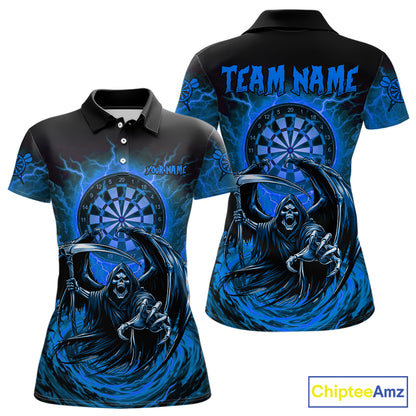 Personalized Blue Grim Reaper Lightning Darts Shirt For Women, Darts Team Jersey Polo & 1/4 Zip TDM5897
