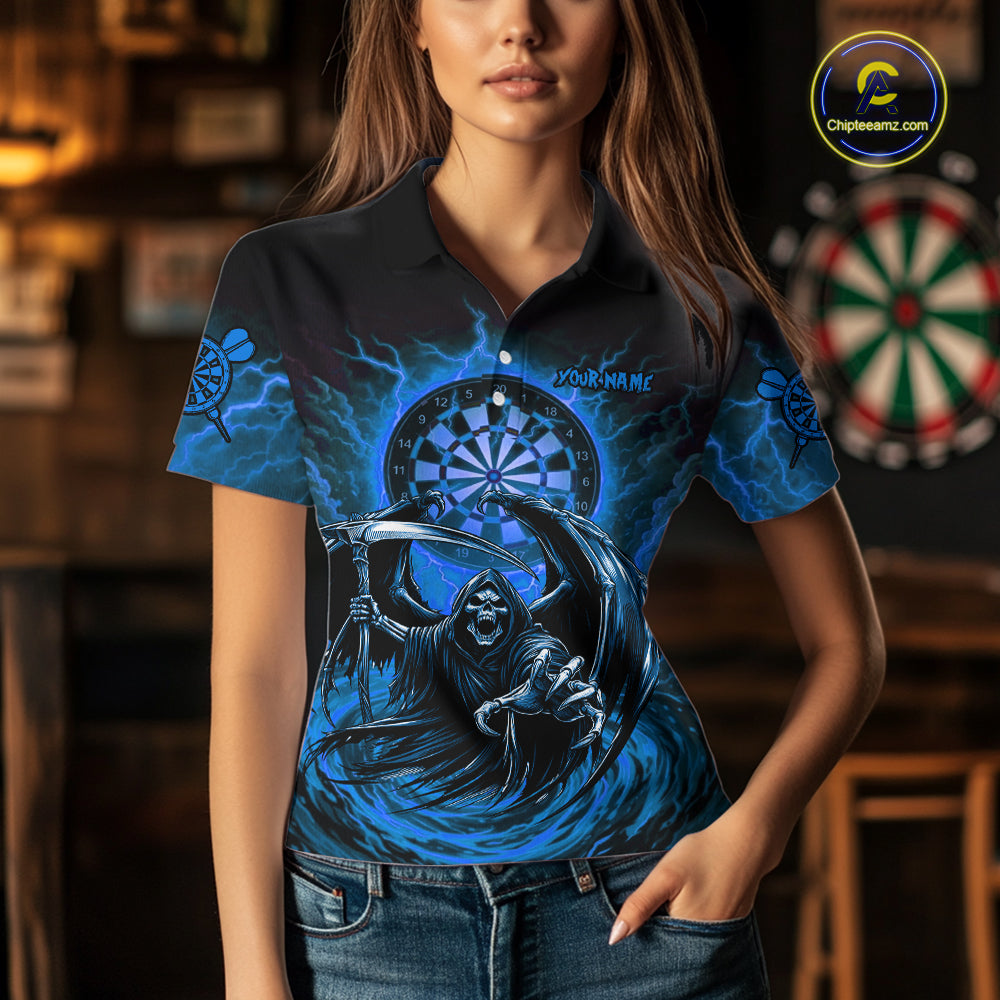 Personalized Blue Grim Reaper Lightning Darts Shirt For Women, Darts Team Jersey Polo & 1/4 Zip TDM5897
