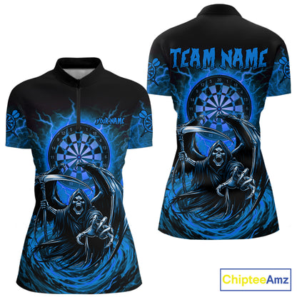 Personalized Blue Grim Reaper Lightning Darts Shirt For Women, Darts Team Jersey Polo & 1/4 Zip TDM5897