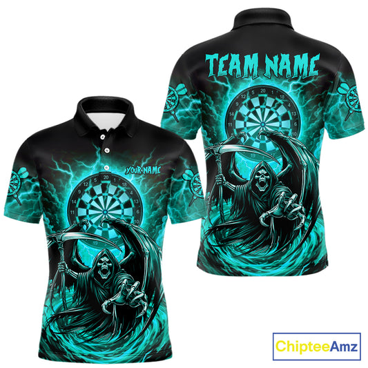 Personalized Turquoise Grim Reaper Lightning Darts Shirt For Men, Darts Team Jersey Polo & 1/4 Zip TDM5898