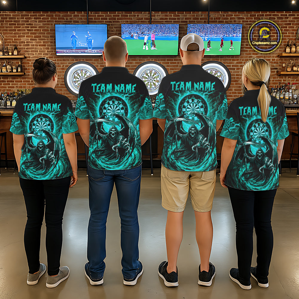 Personalized Turquoise Grim Reaper Lightning Darts Shirt For Women, Darts Team Jersey Polo & 1/4 Zip TDM5898