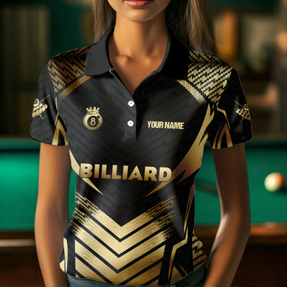 Customized 8 Ball Pool Crown Women Billiard Shirts, Gold And Black Billiard Team Shirts Pool Jerseys TDM3688