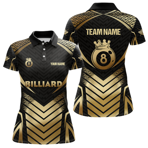 Customized 8 Ball Pool Crown Women Billiard Shirts, Gold And Black Billiard Team Shirts Pool Jerseys TDM3688