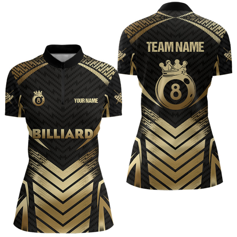 Customized 8 Ball Pool Crown Women Billiard Shirts, Gold And Black Billiard Team Shirts Pool Jerseys TDM3688