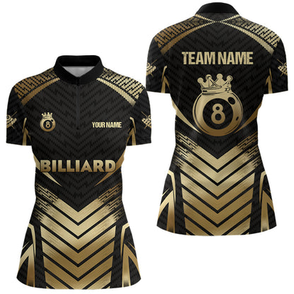 Customized 8 Ball Pool Crown Women Billiard Shirts, Gold And Black Billiard Team Shirts Pool Jerseys TDM3688