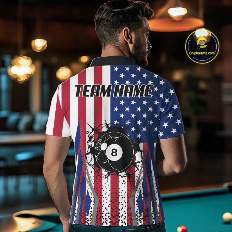 Funny Break 8 Ball Pool Billiard Shirt For Men Custom American Flag Pool Jersey Team Polo, 1/4 Zip TDM6036